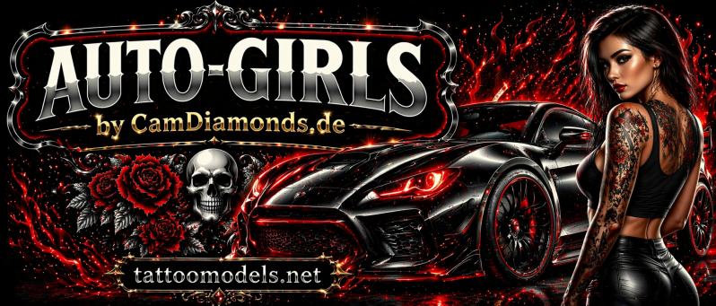 Auto Girls Tattoo Models – tätowiertes Model vor Sportwagen im CamDiamonds Style