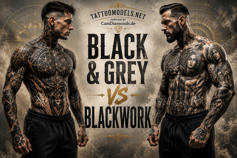 Black and Grey vs Blackwork Tattoos im Vergleich mit zwei tätowierten Männern, geometrischem Blackwork und Chicano Black and Grey Tattoos