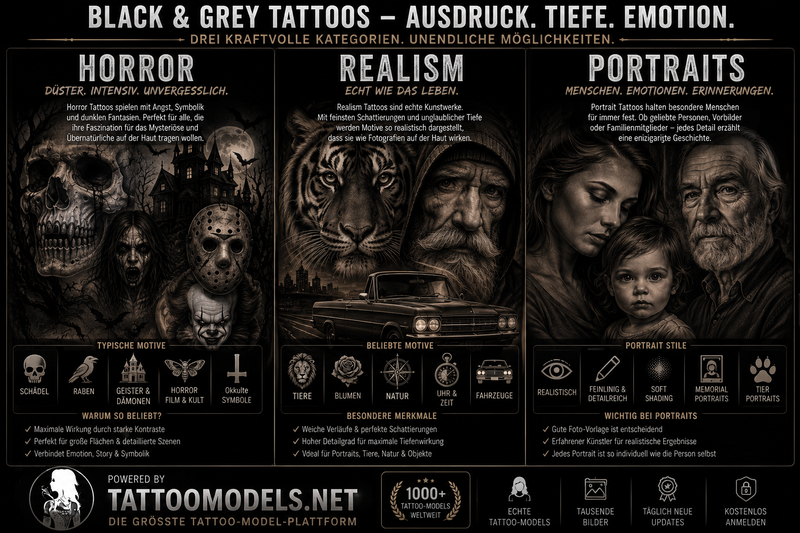 Black and Grey Tattoos mit Horror, Realism und Portrait-Motiven