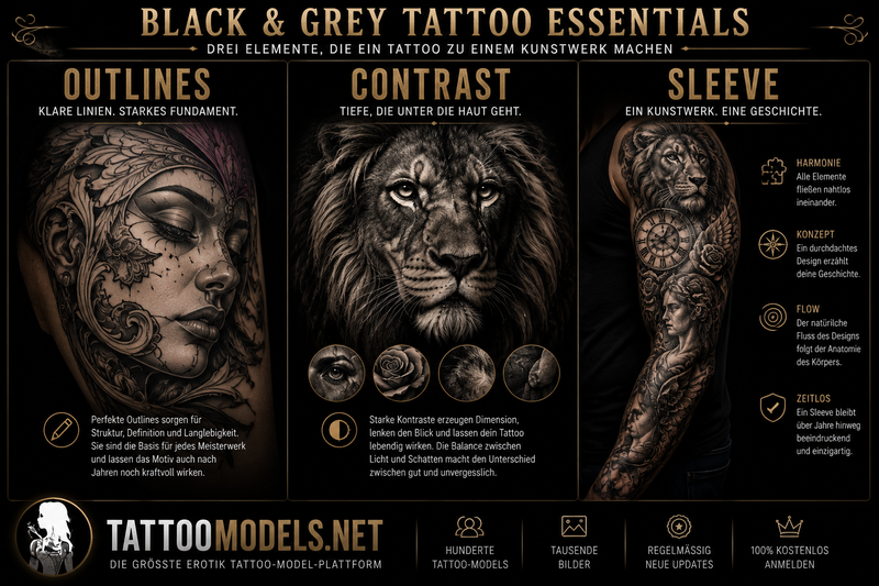 Black and Grey Tattoo-Grundlagen mit Outlines, Contrast und Sleeve