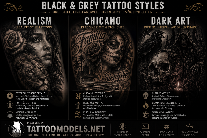Black and Grey Tattoo-Stile Realism, Chicano und Dark Art mit typischen Motiven und Schattierungen