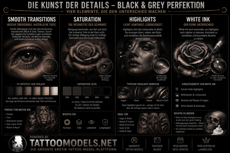 Black and Grey Tattoo-Techniken mit Smooth Transitions, Saturation, Highlights und White Ink