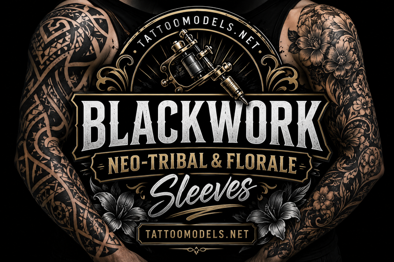 Blackwork Neo-Tribal und florale Sleeves mit großflächigen schwarzen Tattoos, floralen Ornamenten und modernen Tribal-Designs