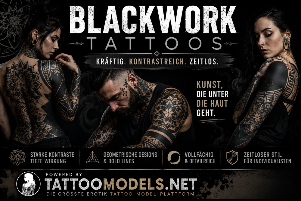 Blackwork Tattoos mit großflächigen schwarzen Tattoo-Designs, geometrischen Mustern und modernen Blackwork-Motiven