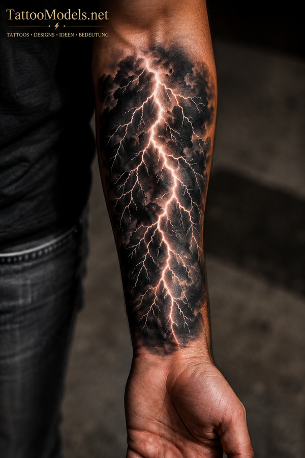 Realistisches Blitz-Tattoo am Unterarm in Black and Grey mit heller Hauptentladung, verzweigten Blitzen und dunklen Gewitterwolken auf TattooModels.net.