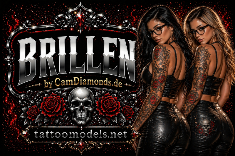 Brillen Tattoo Models Banner von CamDiamonds mit zwei Frauen mit Brille, langen Haaren und Tattoos im schwarz-gold-roten Design für tattoomodels.net