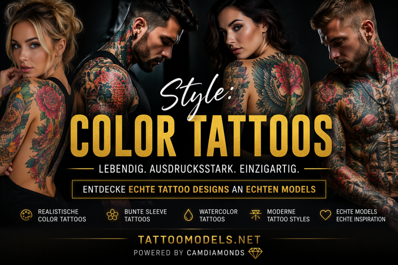 Farb Tattoos auf echten Models – bunte Tattoo Designs, realistische Color Tattoos, Sleeve Tattoos und moderne Tattoo Styles