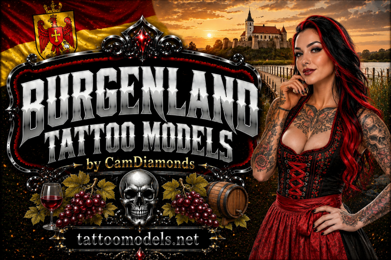 Burgenland Tattoo Models Banner mit tätowiertem Model mit rot-schwarzen Haaren vor typischen Sehenswürdigkeiten und Landschaften des Burgenlands im CamDiamonds Stil auf Tattoomodels.net