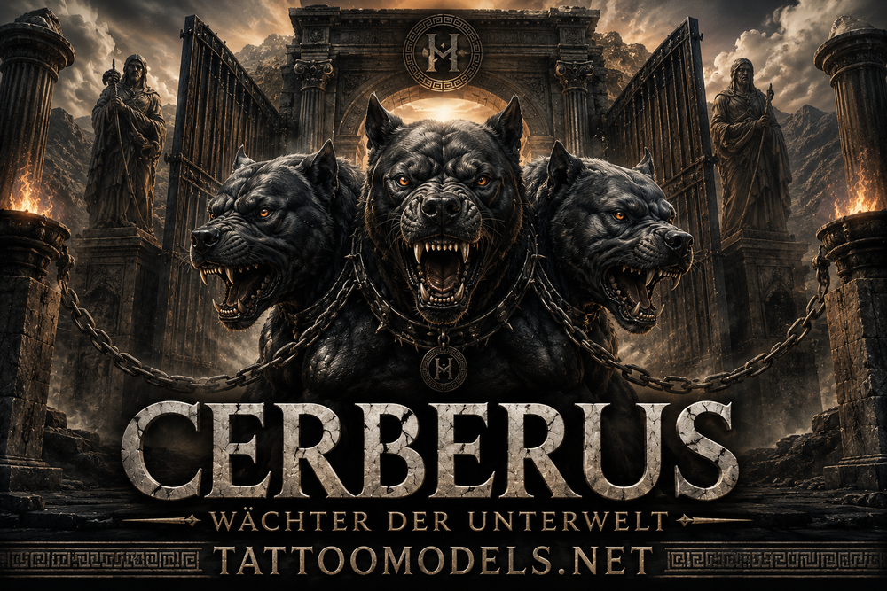 Cerberus, Kerberus oder Zerberus als dreiköpfiger Wächter der Unterwelt auf TattooModels.net.