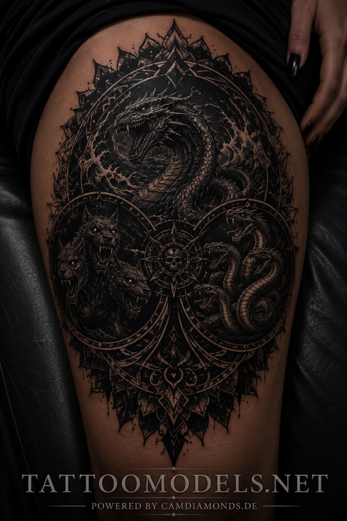 Cetus Cerberus und Hydra als dunkles Mandala Tattoo im Blackwork und Blackout Stil | TattooModels.net