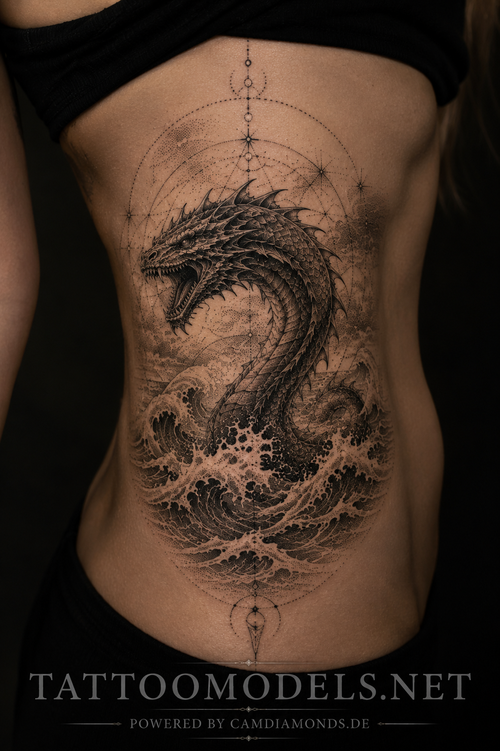 Cetus Dotwork Tattoo am Seitenkörper mit mythologischem Seeungeheuer und Wellen | TattooModels.net