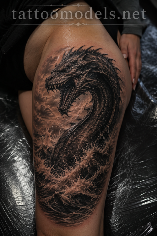 Realistic Cetus Tattoo am Oberschenkel mit mythologischem Seeungeheuer und stürmischem Meer | TattooModels.net
