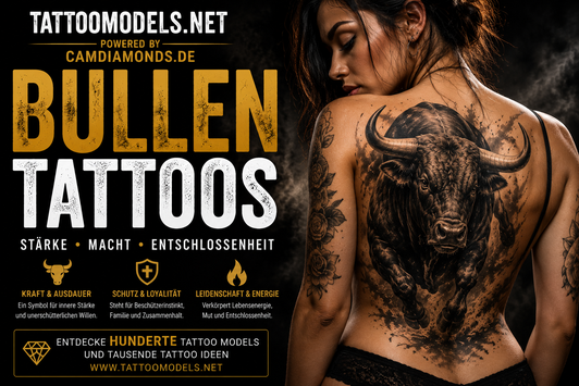 Tattoo Model mit realistischem Bullen-Tattoo auf dem Rücken als Inspiration für Bullen-Tattoos und Tier-Tattoos