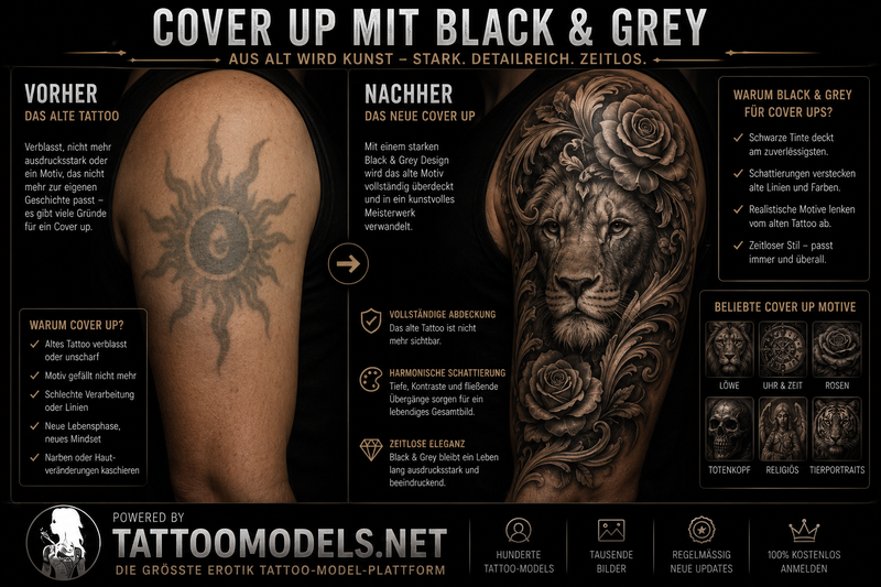 Vorher-Nachher-Vergleich eines Black and Grey Cover-up Tattoos mit altem Motiv und neuem Löwenmotiv
