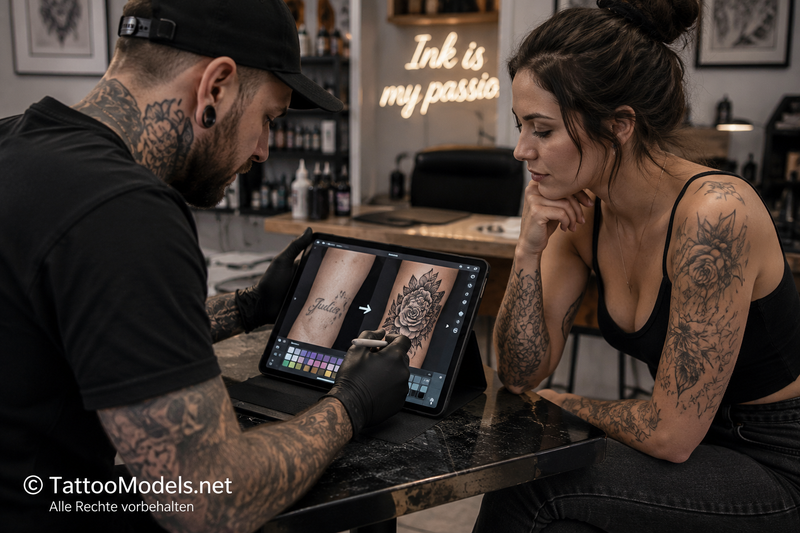 Tattoo-Artist plant gemeinsam mit einer tätowierten Kundin ein Cover-up-Tattoo auf einem Tablet. Die Beratung zeigt die Entwicklung eines neuen Motivs zur professionellen Überdeckung eines alten Tattoos.