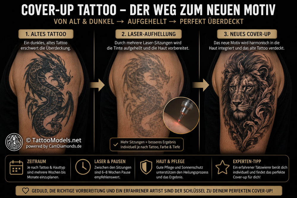 Infografik zur Vorbereitung eines Cover-up-Tattoos: Ein altes dunkles Tattoo wird zunächst per Laser aufgehellt und anschließend mit einem neuen Motiv professionell überdeckt. Die Grafik zeigt den Ablauf von der Tattooentfernung bis zum Cover-up mit Copyright von TattooModels.net.