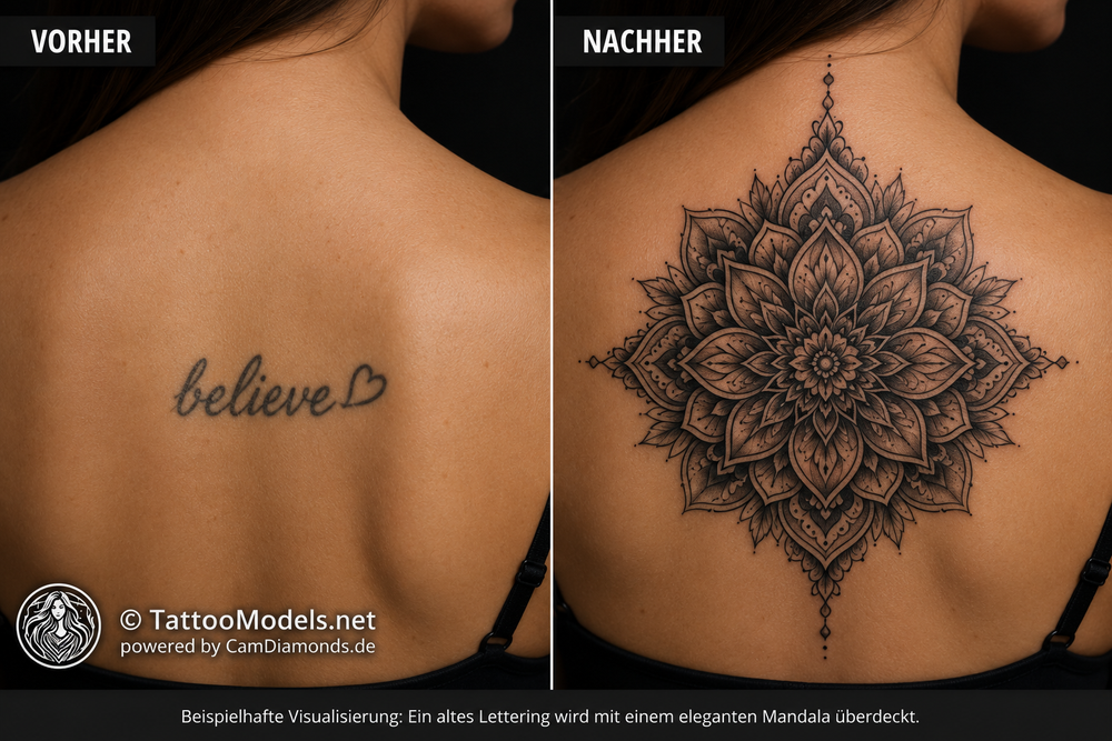 Vorher-Nachher-Beispiel eines Cover-up-Tattoos: Ein kleines Lettering wird mit einem eleganten Black-&-Grey-Mandala professionell überdeckt. Beispielhafte Visualisierung eines Tattoo-Cover-ups mit Copyright von TattooModels.net.