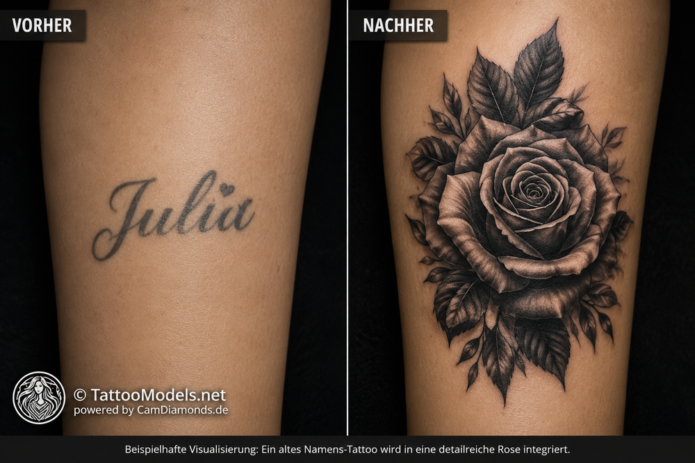 Vorher-Nachher-Beispiel eines Cover-up-Tattoos: Der Name „Julia“ wird mit einer realistischen Black-&-Grey-Rose professionell überdeckt. Beispielhafte Visualisierung eines Tattoo-Cover-ups mit Copyright von TattooModels.net.