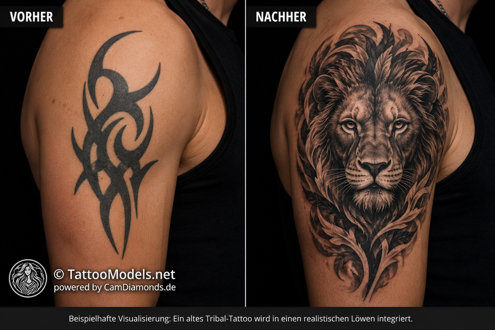 Vorher-Nachher-Beispiel eines Cover-up-Tattoos: Ein altes schwarzes Tribal am Oberarm wird mit einem realistischen Black-&-Grey-Löwen professionell überdeckt. Beispielhafte Visualisierung eines Tattoo-Cover-ups mit Copyright von TattooModels.net.