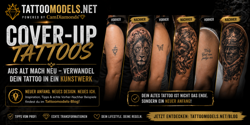 Cover-Up Tattoos vorher nachher Banner – alte Tattoos werden zu neuen Kunstwerken mit Löwenkopf, Schlange und realistischen Designs | Tattoomodels Blog powered by CamDiamonds