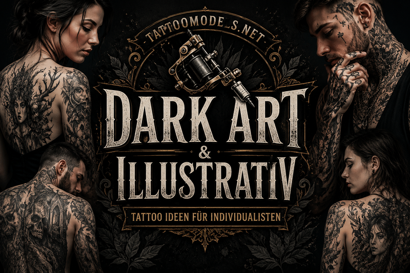 Dark Art und illustrative Blackwork Tattoos mit tätowierten Menschen, Gothic-Motiven, Horror-Elementen und detailreichen schwarzen Tattoos