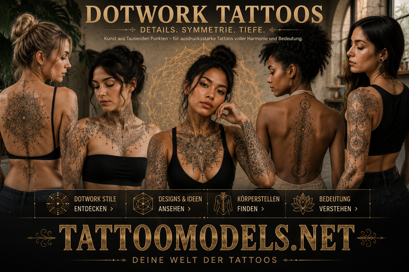Frauen mit unterschiedlichen Hauttönen und filigranen Dotwork Tattoos, geometrischen Mustern und Mandalas.