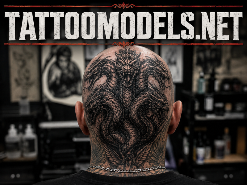 Großflächiges Hydra-Tattoo auf der rasierten Kopfhaut eines Mannes als dauerhaftes Kopftattoo.