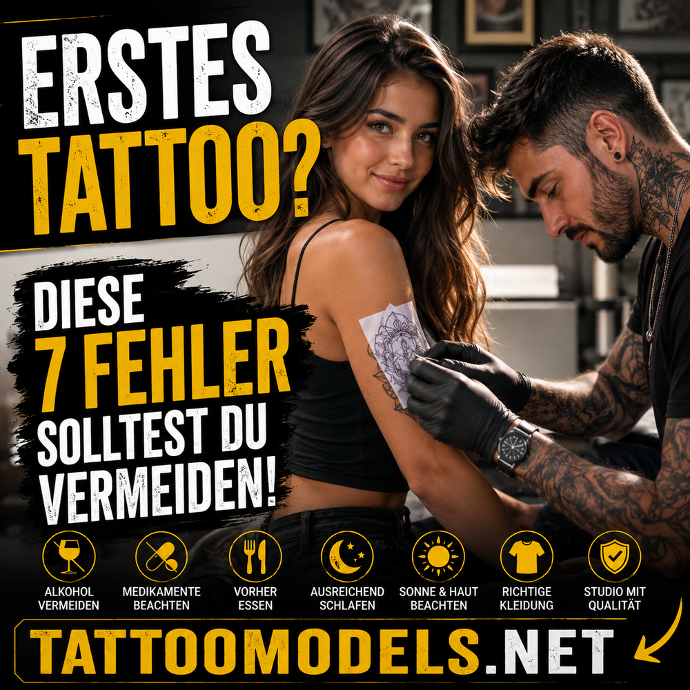 Erstes Tattoo: Frau im Tattoo-Studio während der Vorbereitung. TattooModels.net zeigt sieben häufige Fehler, die man vor dem ersten Tattoo vermeiden sollte.