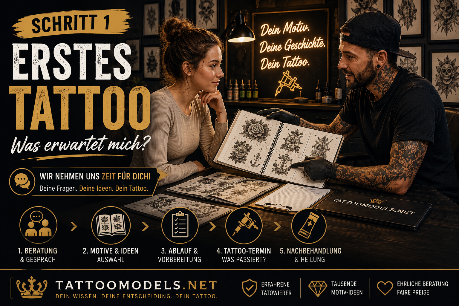 Schritt 1 vor dem ersten Tattoo: Tätowierer berät eine Frau ohne Tattoos anhand eines Motivkatalogs und erklärt Motivauswahl, Ablauf, Tattoo-Termin und Nachbehandlung