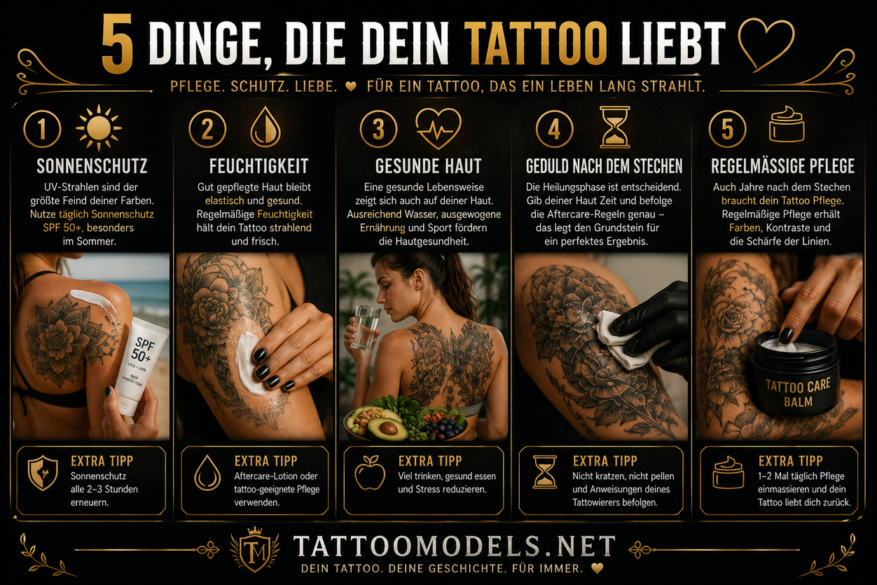 5 Dinge, die dein Tattoo liebt: Infografik zu Sonnenschutz, Feuchtigkeit, gesunder Haut, Geduld und regelmäßiger Tattoo-Pflege.