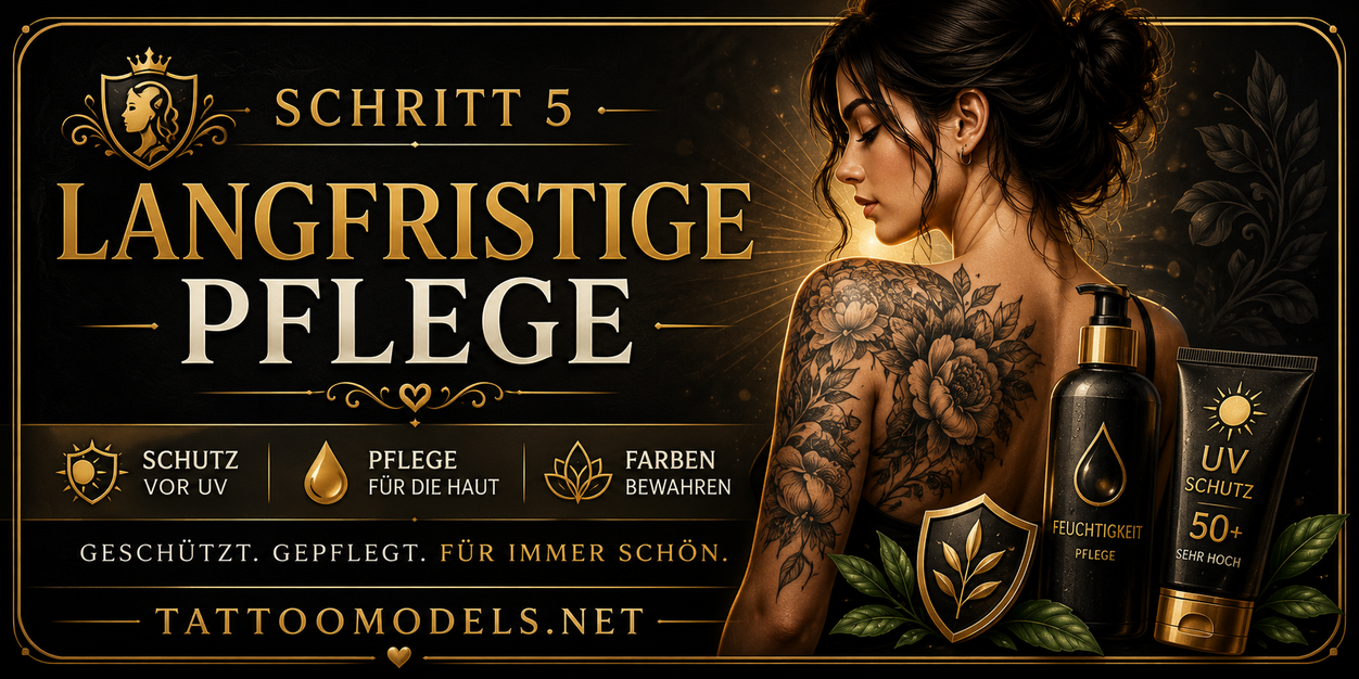 Schritt 5 – Langfristige Tattoo-Pflege: Tätowierte Frau mit gepflegtem Rückentattoo sowie Tattoo-Pflege und UV-Sonnenschutz.