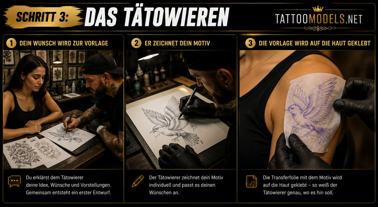 Schritt 3 – Das Tätowieren bei TattooModels.net: Der Beginn eines ersten Tattoos. Die Kundin bespricht ihren Motivwunsch mit dem Tätowierer, dieser zeichnet den Entwurf und überträgt die Transferfolie mit dem Spatz-Motiv auf die Schulter.