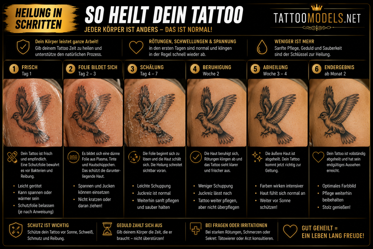 So heilt dein Tattoo: Schritt-für-Schritt-Anleitung zur Tattoo-Heilung mit Schutzfolie, Rötungen, Schuppung, Pflege und vollständiger Abheilung. Tattoo-Ratgeber von TattooModels.net.