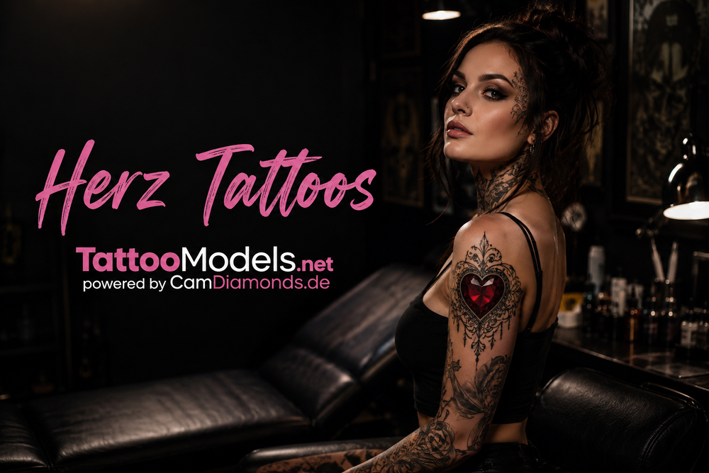Tätowierte Frau im Tattoo-Studio mit kunstvollem Herz-Tattoo am Oberarm – Herz Tattoos auf TattooModels.net
