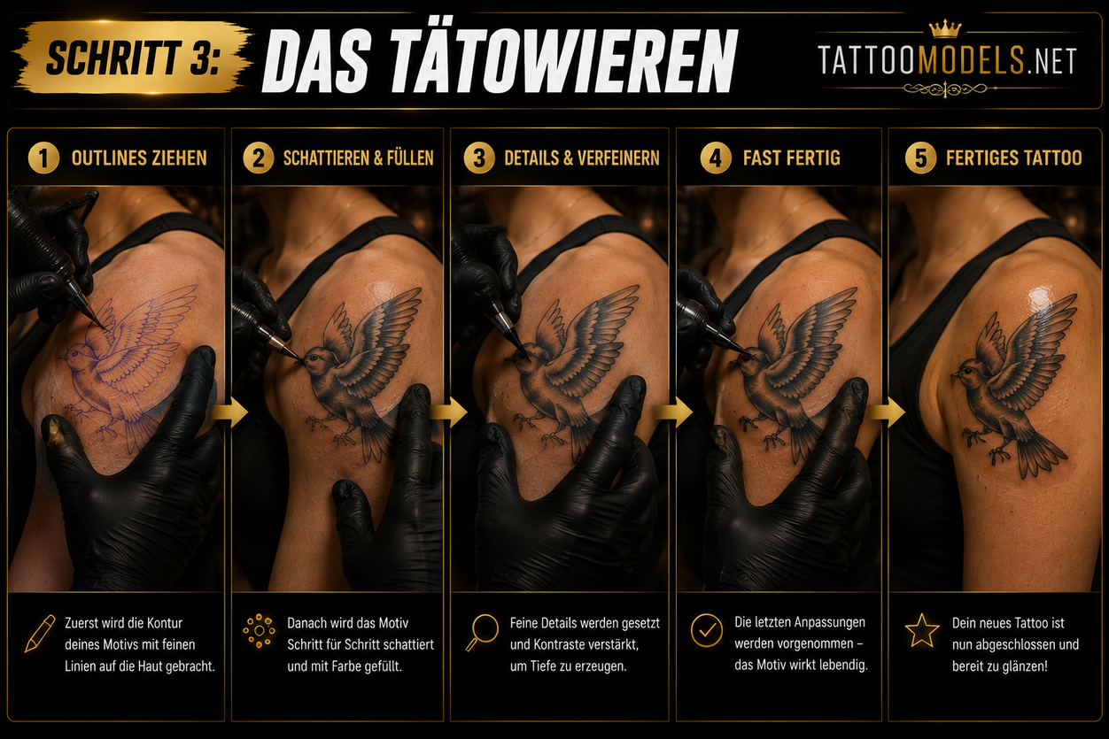 Schritt 3 – Das Tätowieren: Infografik zum Ablauf eines ersten Tattoos. Gezeigt werden Outlines, Schattieren, Füllen, Details und das fertige Spatz-Tattoo auf der Schulter. Tattoo-Ratgeber von TattooModels.net.