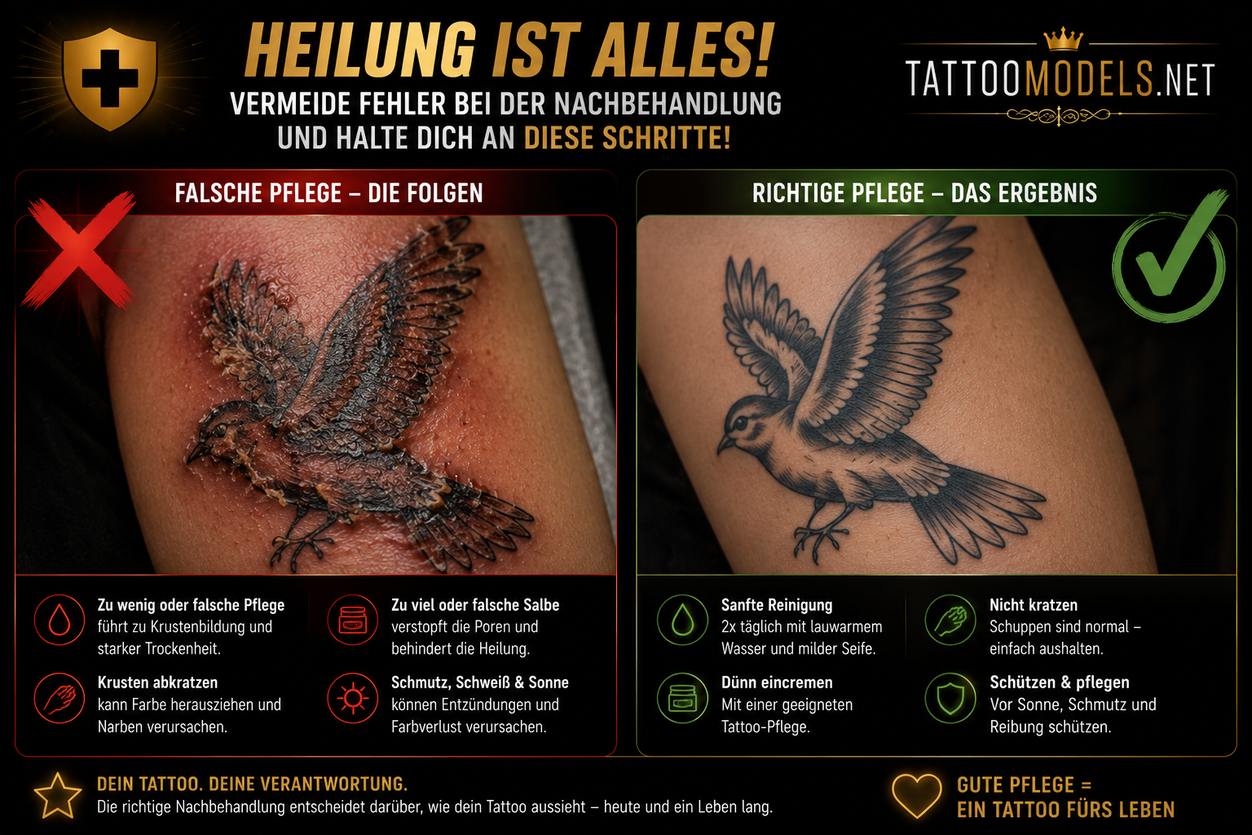 Tattoo-Nachbehandlung im Vergleich: Falsche Pflege mit verkrustetem und gereiztem Tattoo gegenüber richtig gepflegtem, sauber verheiltem Tattoo. Tattoo-Ratgeber von TattooModels.net.