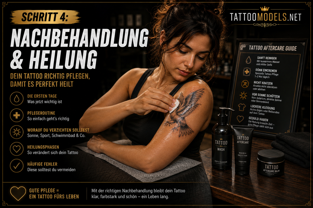 Schritt 4 – Nachbehandlung und Heilung: Frau pflegt ihr frisches Schultertattoo mit Tattoo-Creme. Tattoo-Ratgeber von TattooModels.net zur richtigen Tattoo-Pflege und Heilung.
