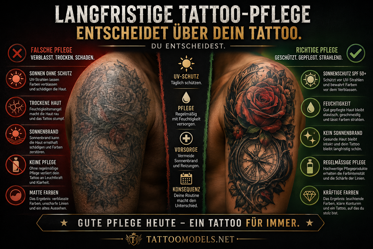 Langfristige Tattoo-Pflege: Vergleich zwischen verblasstem Tattoo ohne Pflege und gepflegtem Tattoo mit UV-Schutz und kräftigen Farben.