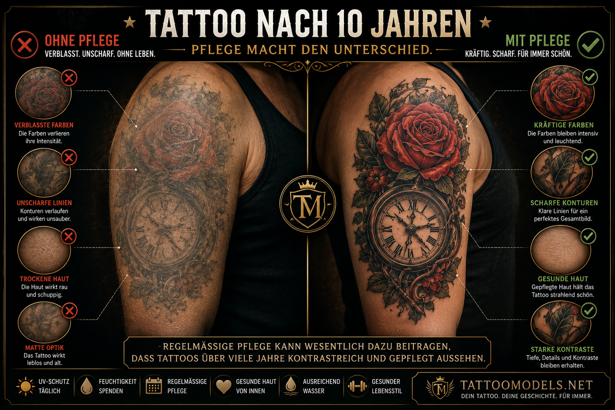 Tattoo nach 10 Jahren: Vergleich zwischen verblasstem Tattoo ohne Pflege und gepflegtem Tattoo mit kräftigen Farben und scharfen Konturen.