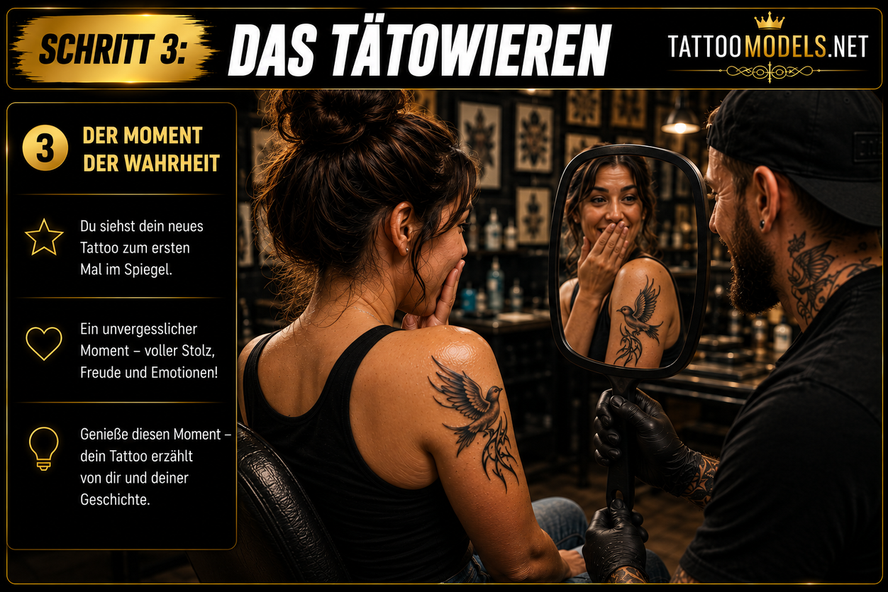 Schritt 3 – Das Tätowieren bei TattooModels.net: Der Moment der Wahrheit nach dem ersten Tattoo. Eine Frau betrachtet ihr frisch gestochenes Spatz-Tattoo auf der Schulter im Spiegel, während der Tätowierer den Spiegel hält.