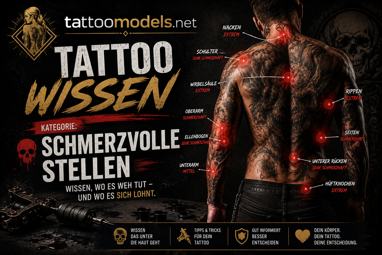 Schmerzvolle Tattoo-Stellen bei Männern mit tätowiertem Männerkörper und markierten empfindlichen Körperbereichen auf Tattoomodels.net