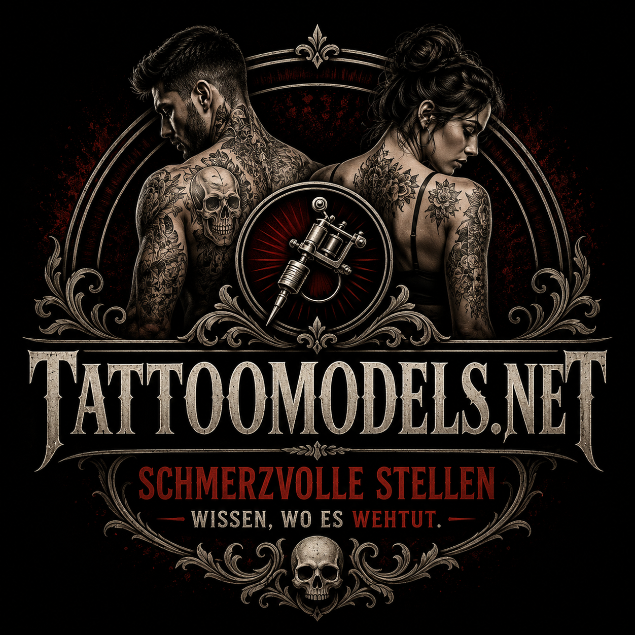 Logo der Kategorie Schmerzvolle Tattoo-Stellen auf Tattoomodels.net mit tätowiertem Mann, tätowierter Frau und Tattoomaschine