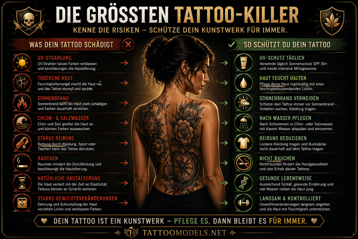 Die größten Tattoo-Killer: UV-Strahlung, trockene Haut und Sonnenbrand im Vergleich zur richtigen langfristigen Tattoo-Pflege.