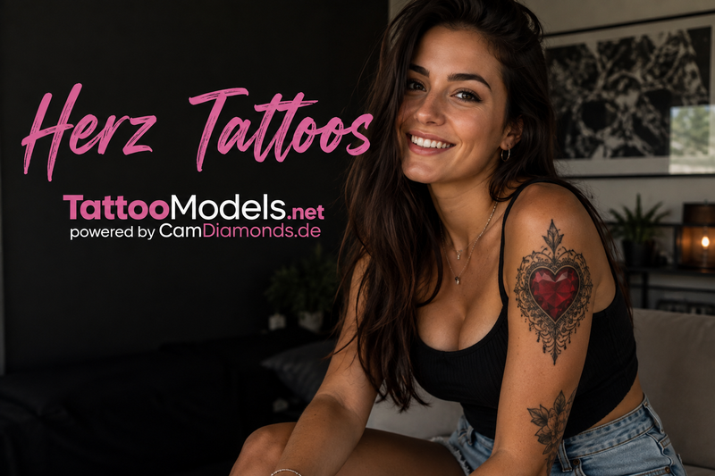 Lächelnde junge Frau mit langen braunen Haaren und dekorativem Herz-Tattoo am Oberarm als Inspiration für ein Herz Tattoo