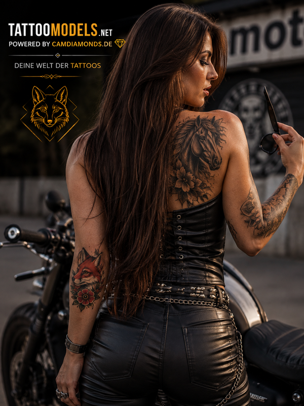 Bike Girl mit sehr langen Haaren, Oldschool Fuchs Tattoo am Ellbogen und Pferdekopf Tattoo auf der Schulter