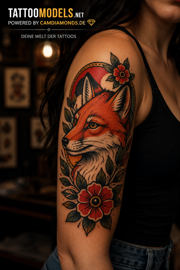 Oldschool Fuchs Tattoo am Oberarm einer Frau mit traditionellen Blumenmotiven