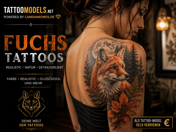 Schwarzhaariges Tattoo Model mit Realistic Fuchs Tattoo auf Schulter, Schulterblatt, Rücken und Trizeps