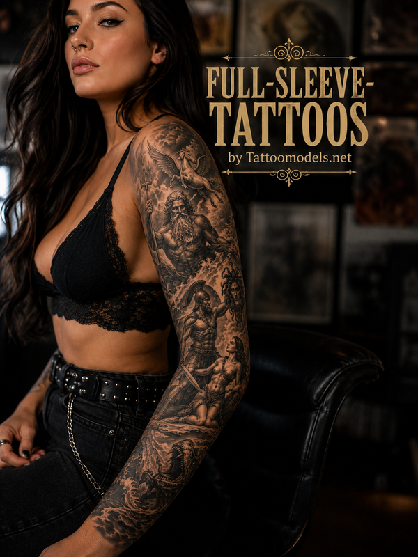Mythologisches Black and Grey Full Sleeve Tattoo mit Poseidon Pegasus Perseus Andromeda Medusa und Cetus