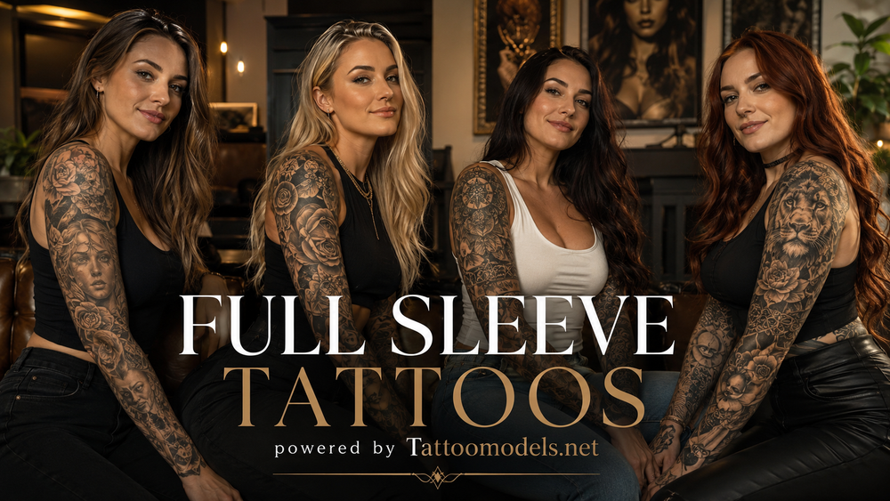 Mehrere langhaarige Tattoo-Models präsentieren unterschiedliche Full-Sleeve-Tattoos am kompletten Arm
