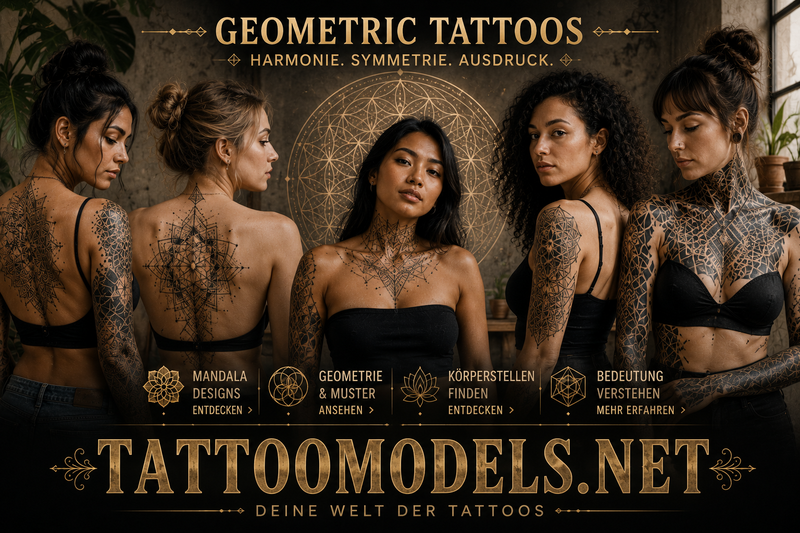 Frauen mit unterschiedlichen Hauttönen und geometrischen Tattoos, Mandalas und modernen Geometric Tattoo Designs.
